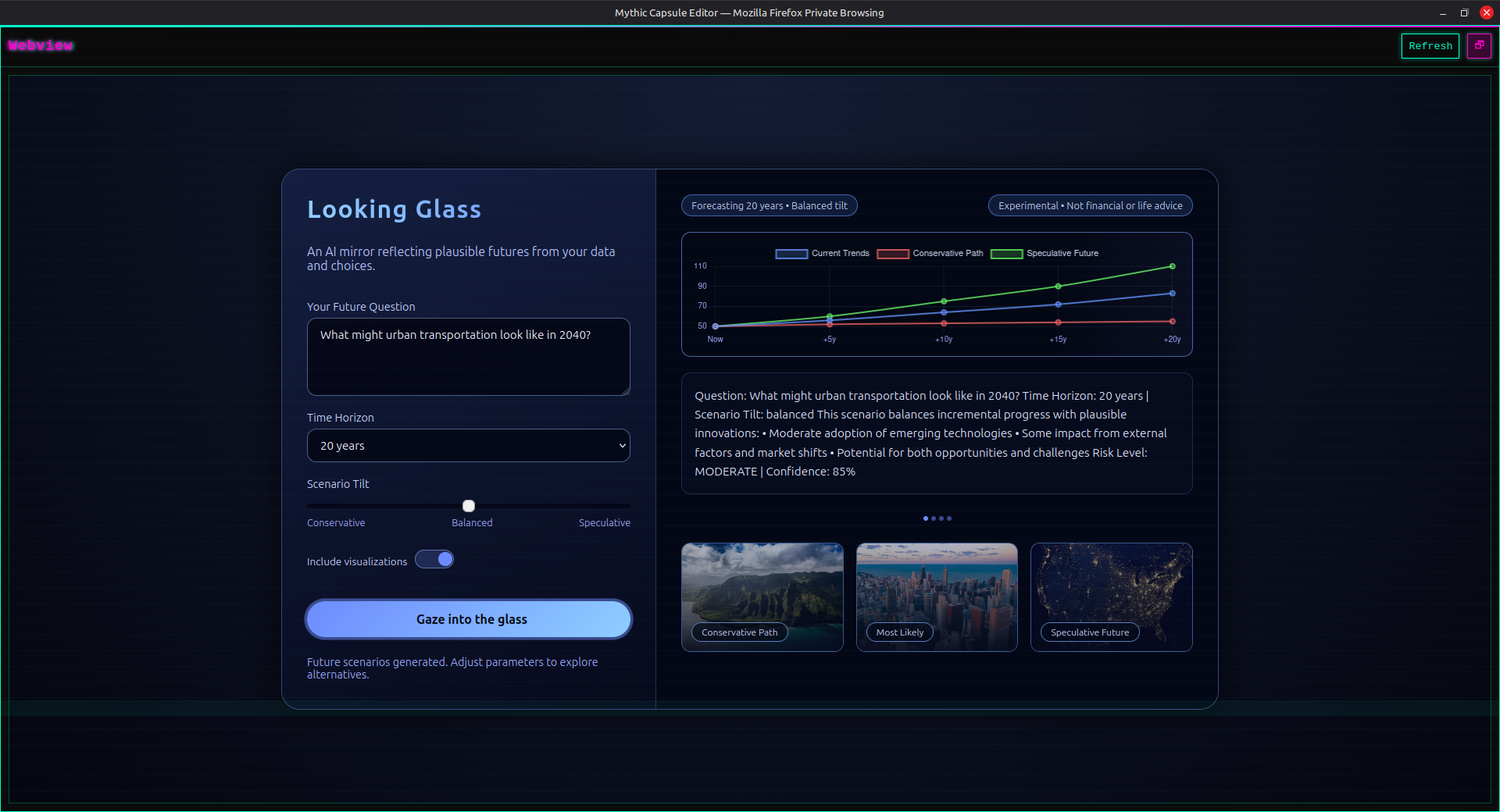 Looking Glass future projection interface showing temporal visualization of possible futures up to 50 years ahead