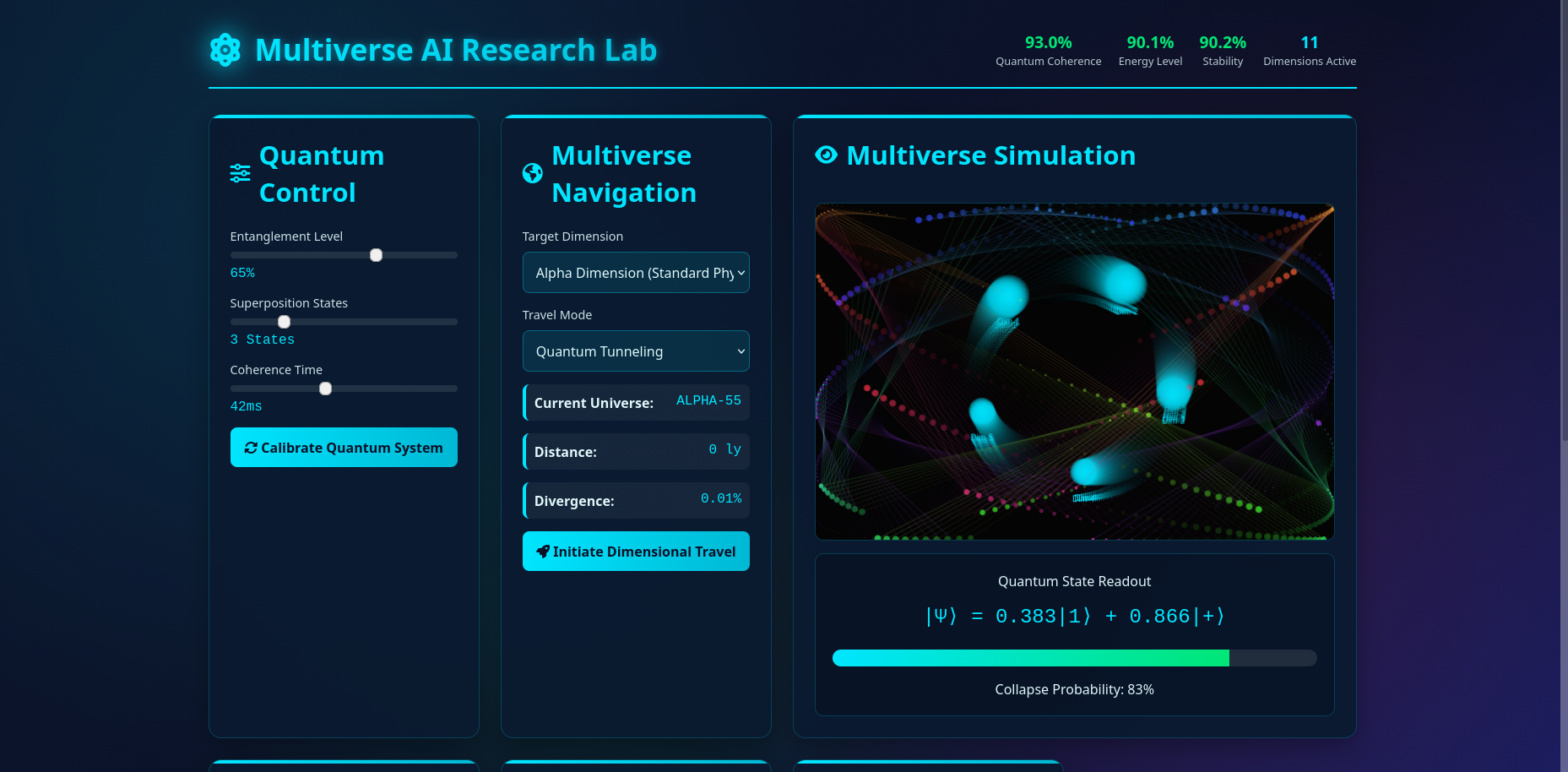 Quantum Multiverse AI Lab interface showing interdimensional research facility with quantum control panels, multiverse navigation, and real-time visualization