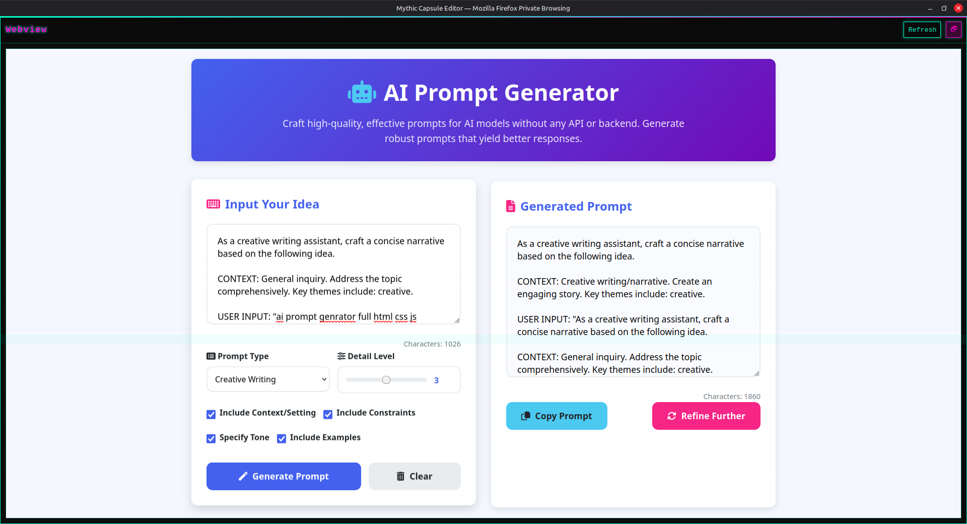 AI Prompt Generator interface showing input field, customization options, and generated prompt output