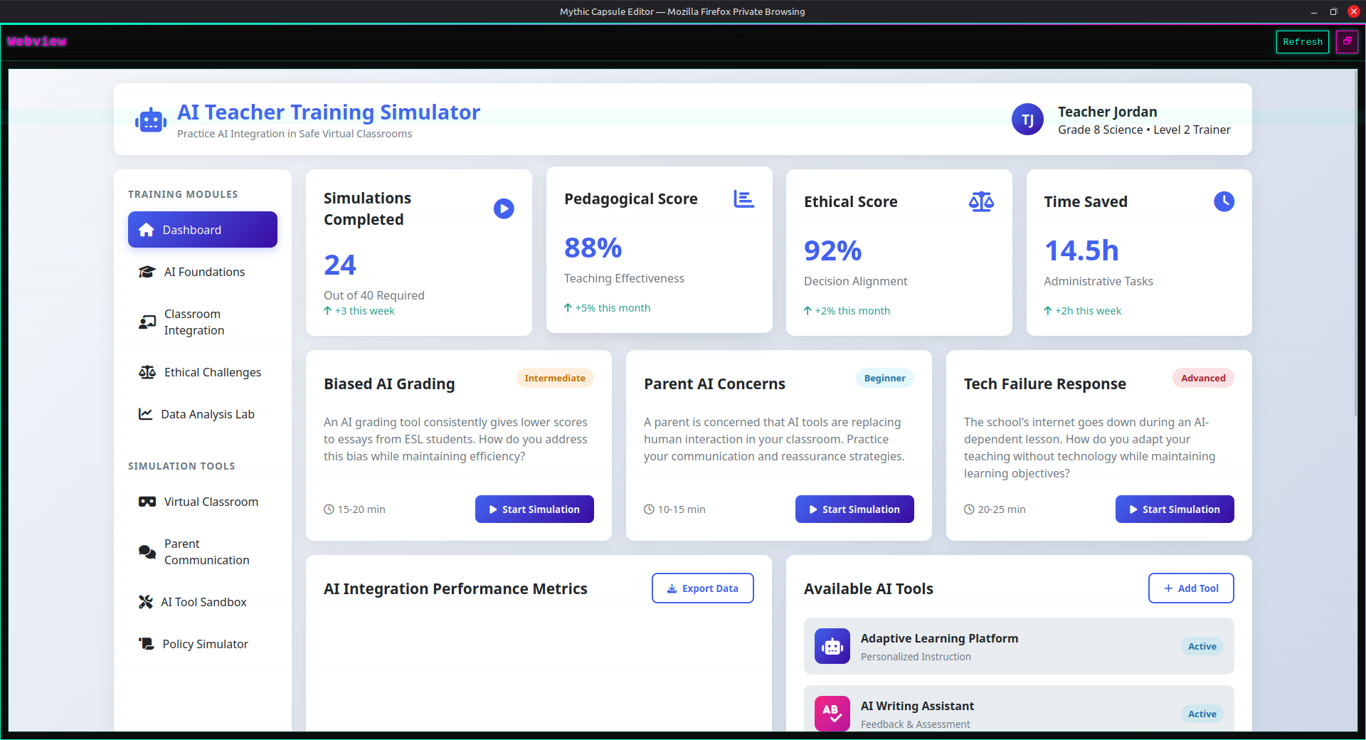 AI Teacher Training Simulator interface showing dashboard, training modules, ethical challenges, and performance metrics