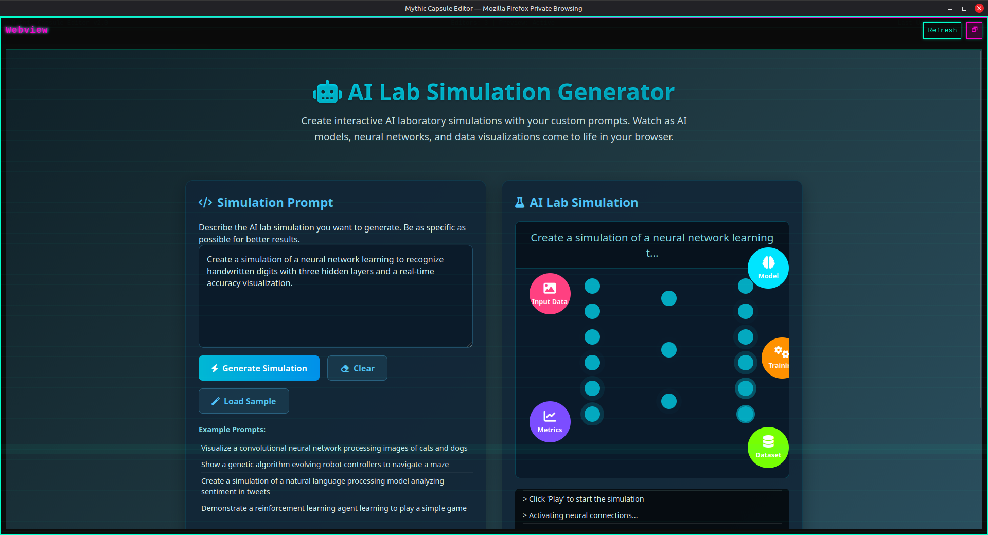 AI Lab Simulation Generator interface showing prompt input, example prompts, and simulation output visualization