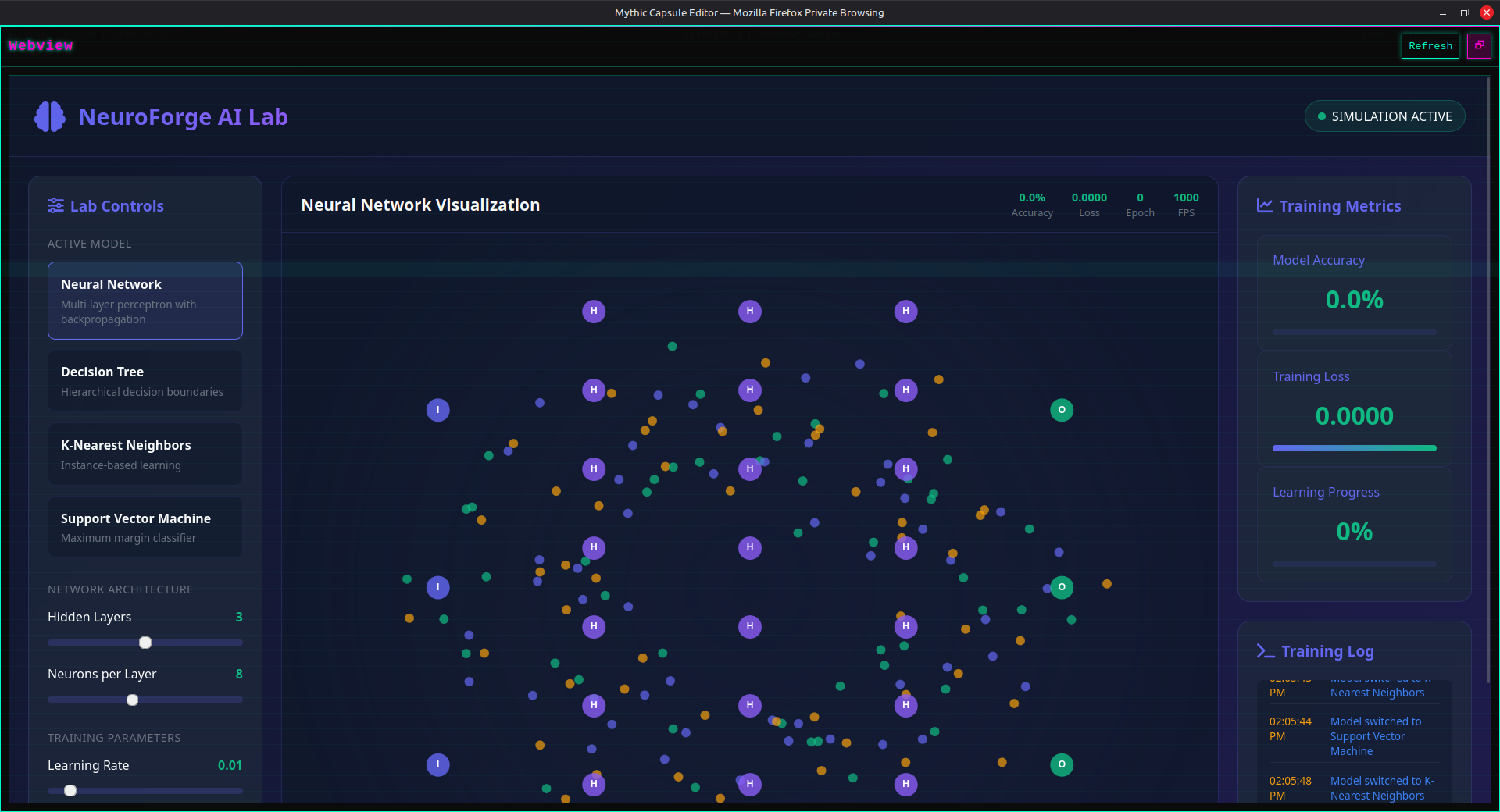 NeuroForge AI Lab interface showing neural network visualization, training parameters, and real-time performance metrics
