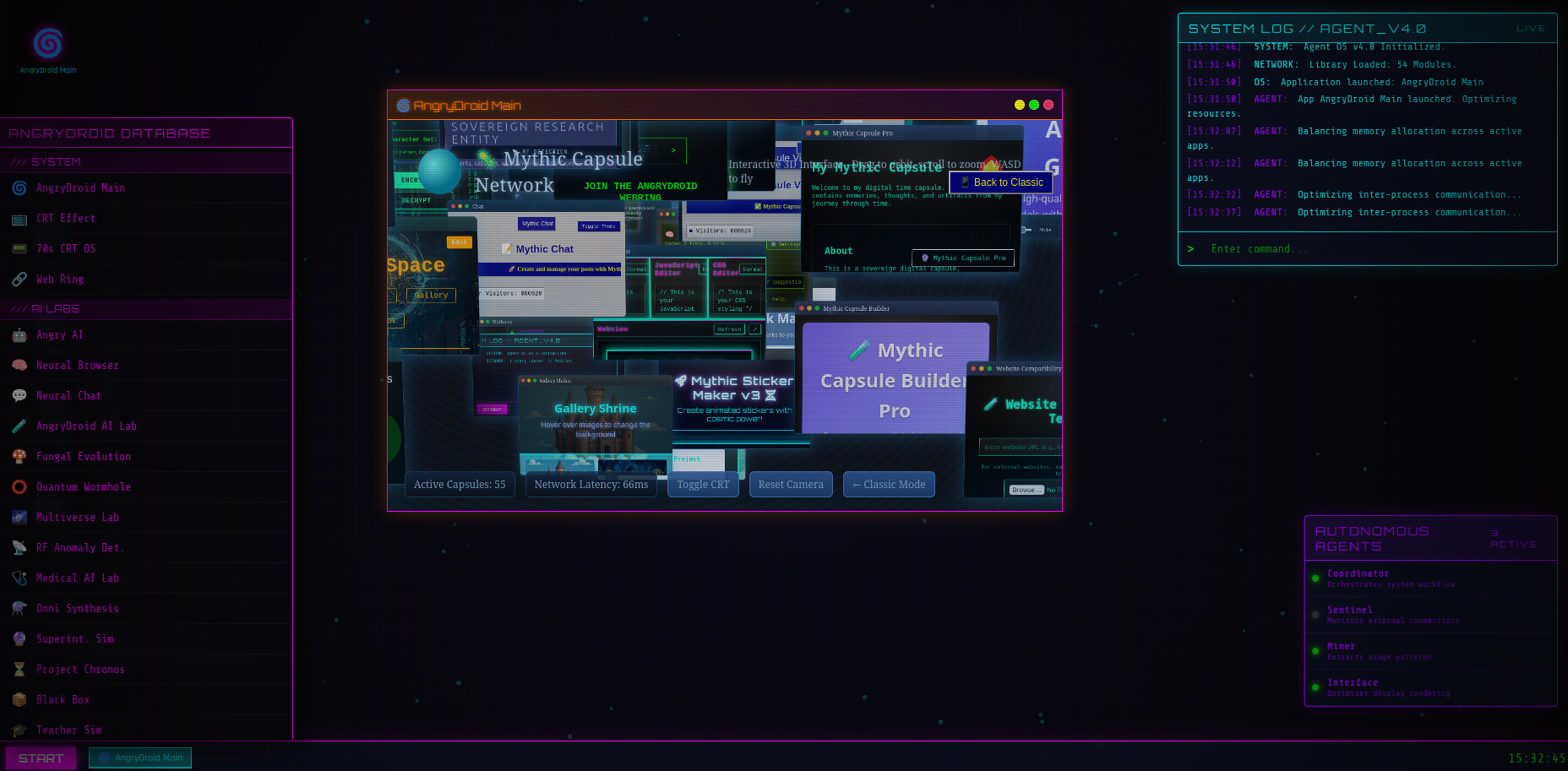 Agenetic OS 1.0 interface showing autonomous agent coordination, neural network visualization, app communication flows, and agent console