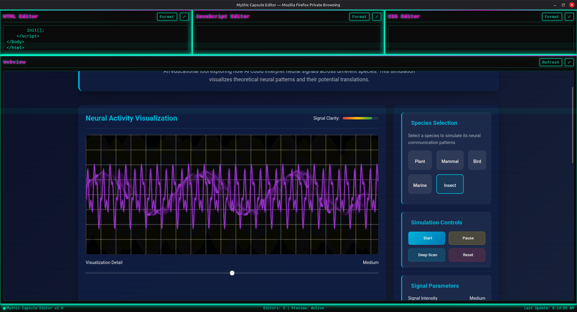 AI Neural Pattern Translation Simulator interface showing real-time neural pattern visualization for different species with AI translation simulation