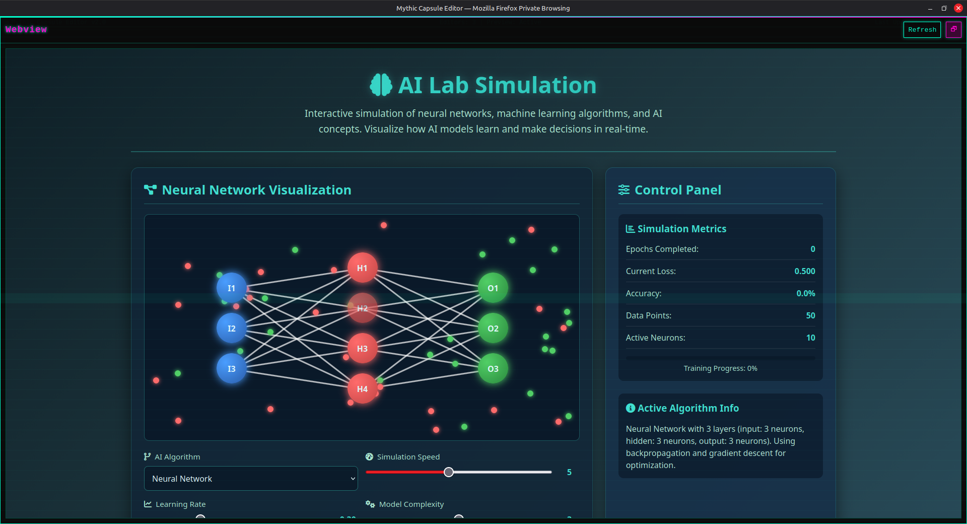 AI Lab Simulation Generator interface showing interactive visualizations of neural networks, K-Means clustering, linear regression, and decision boundaries with real-time controls
