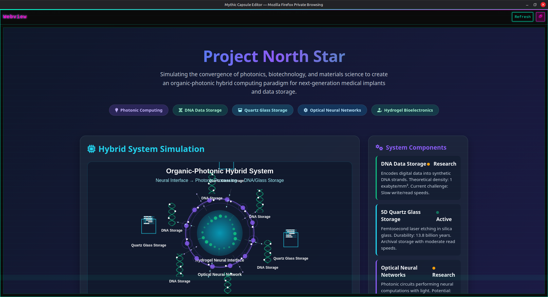 Organic-Photonic Hybrid AI System interface showing complete system view with DNA storage, optical neural networks, and bio-interfaces