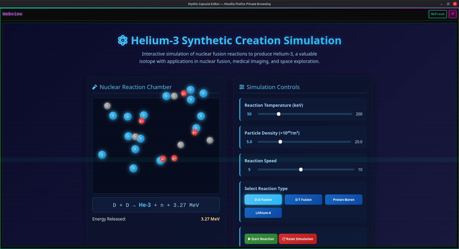 Helium-3 Synthetic Creation Simulation interface showing nuclear reaction chamber, particle interactions, and control panels