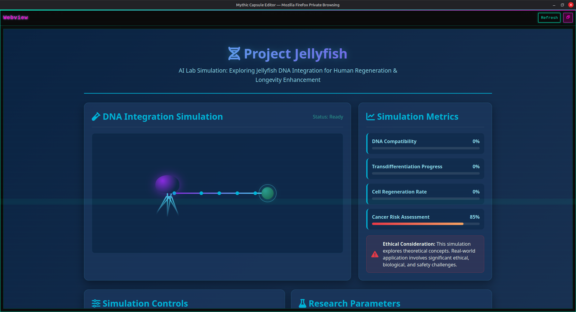 Project Jellyfish interface showing DNA integration simulation, cellular transdifferentiation metrics, and risk assessment panels