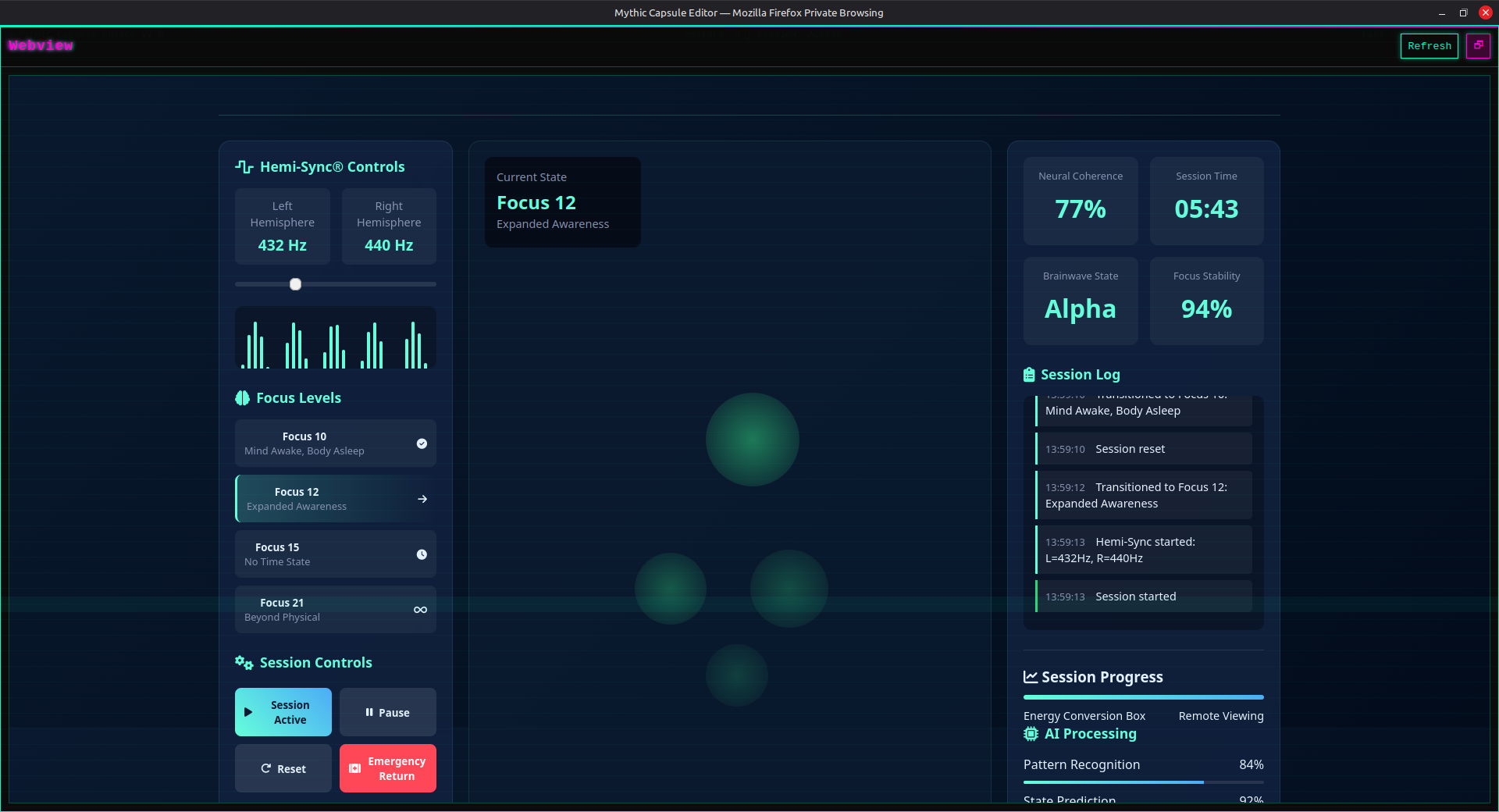Hemi-Sync Consciousness Simulation interface showing brainwave visualization, frequency controls, and consciousness state tracking