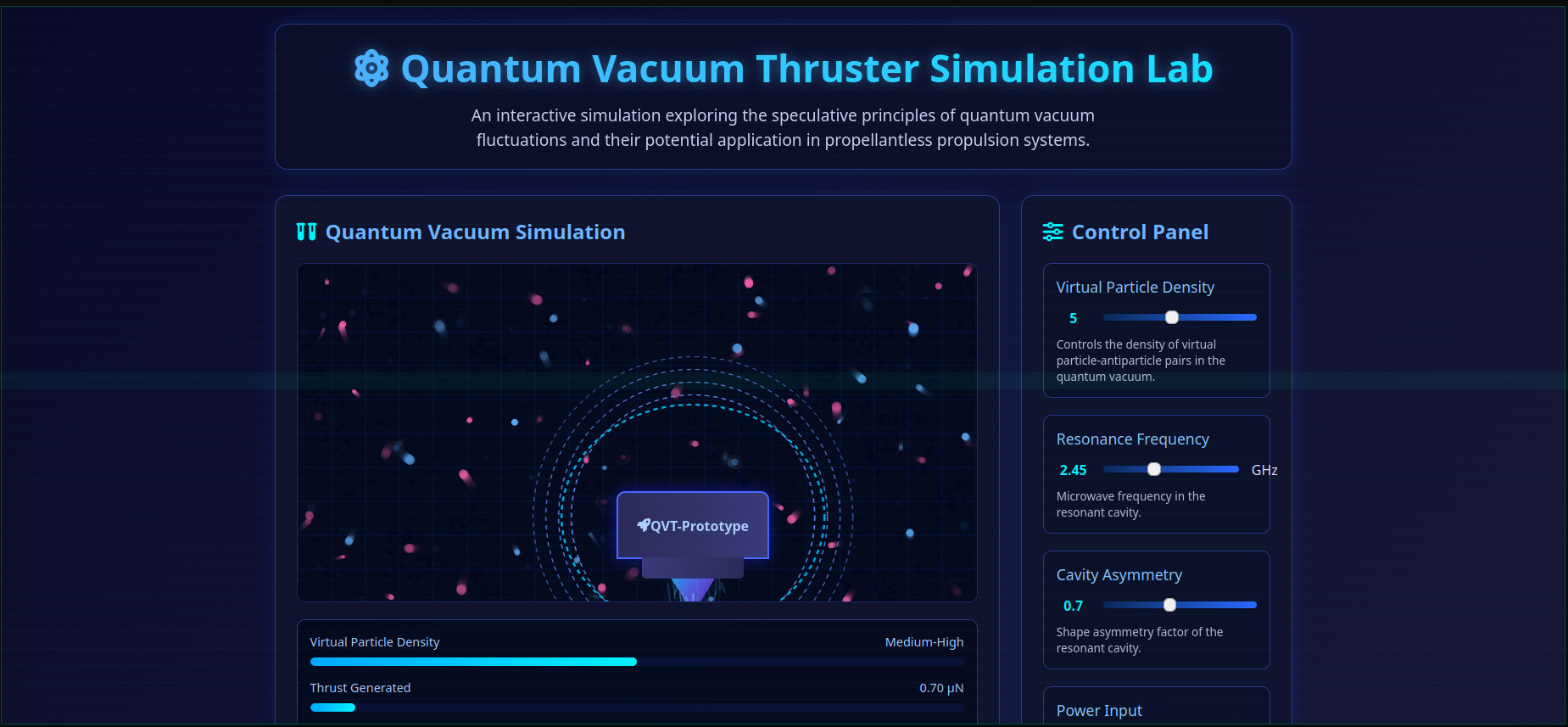 Quantum Vacuum Thruster Simulation Lab interface showing quantum field visualization, thruster model, control panel with adjustable parameters, and real-time thrust readouts