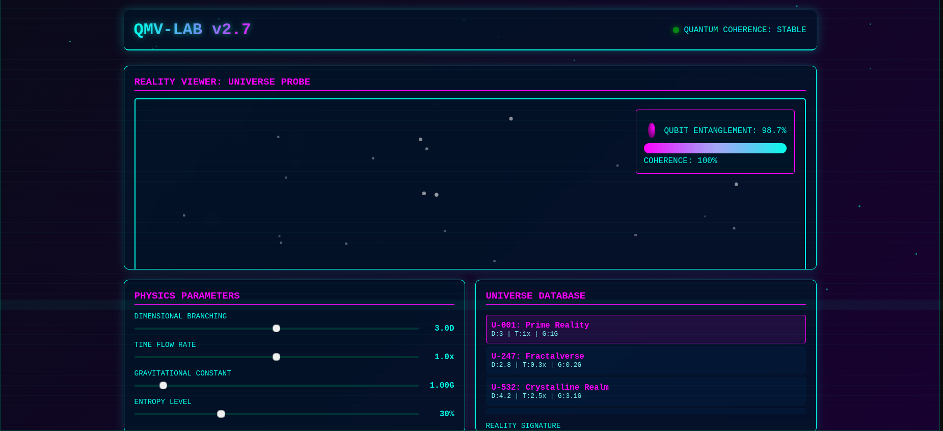 Quantum Reality Bridge Simulator interface showing alternate reality visualization, physics control panel, universe database, and quantum operations console
